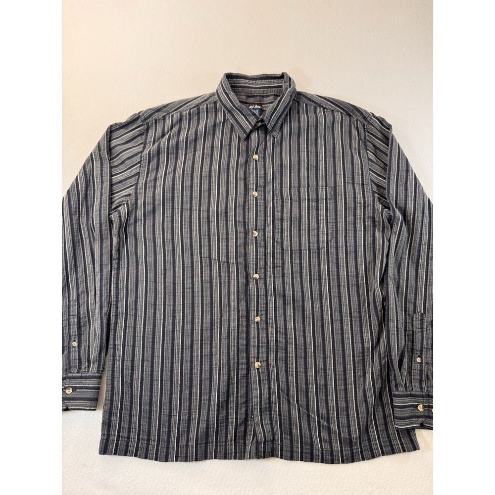 Khul Mens Long Sleeve Button Up Shirt XL Black Gray Striped Textured Casual EUC